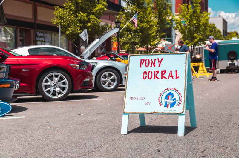 A closeup of the Pony Corral sign