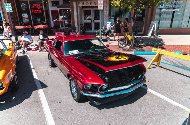 A classic red Mustang on display