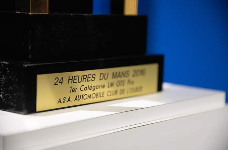 Close up of plaque on 24 Heures Du Mans trophy