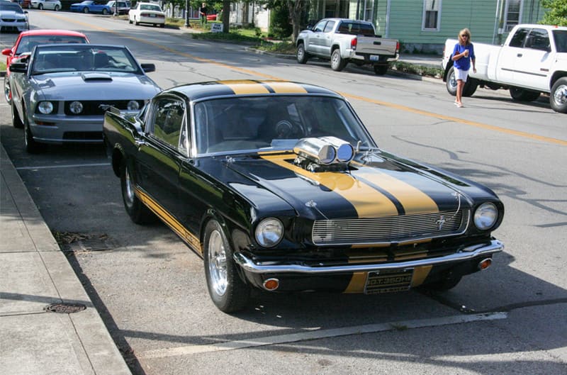A classic black and yellow Mustang