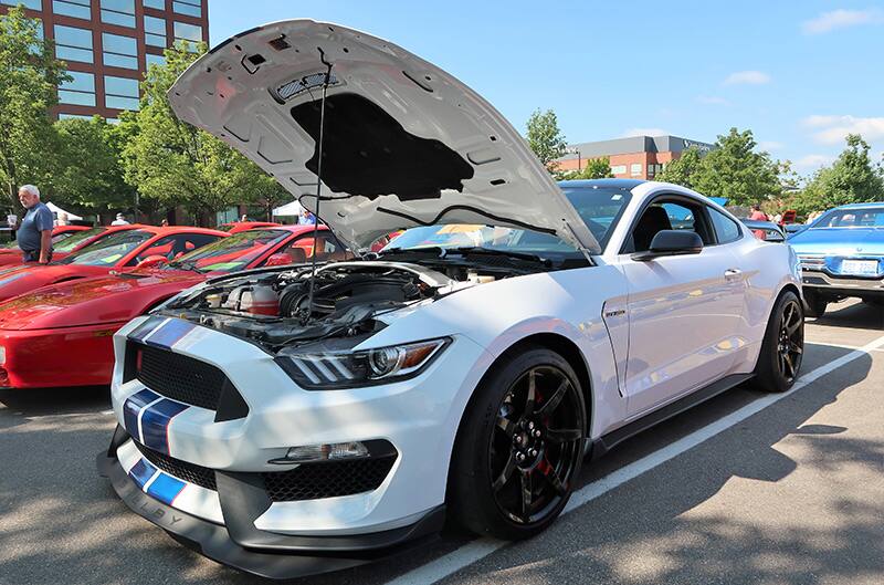 A white and blue Ford Mustang on display