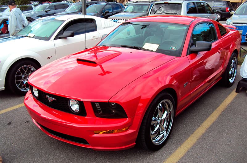 A red Mustang on display