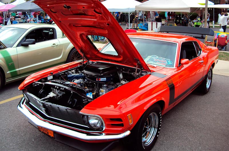 A classic Mustang Boss on display
