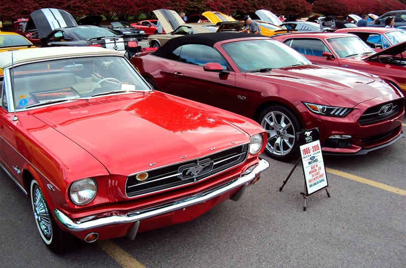 A classic red Mustang on display