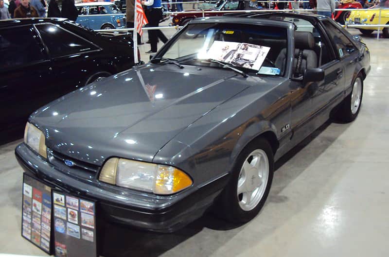 Front of a gray Mustang on display