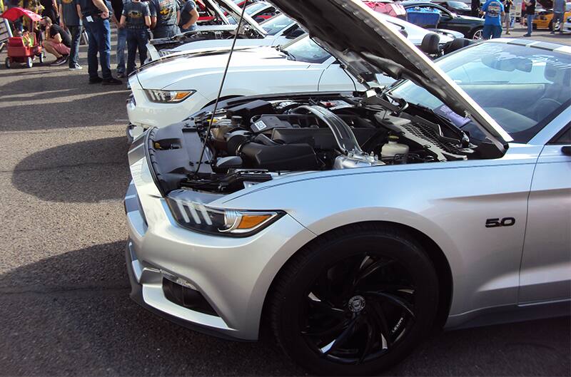 Silver S550 Mustangs lined up at show