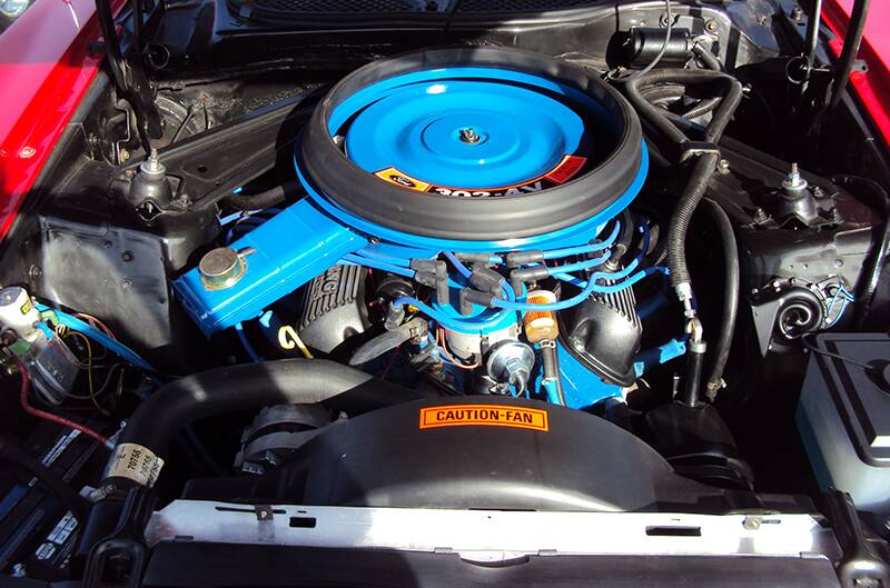 Engine bay of Mustang