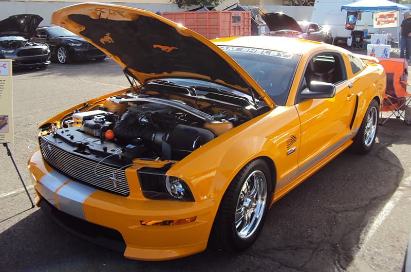 Yellow Mustang S197 with Silver Stripes