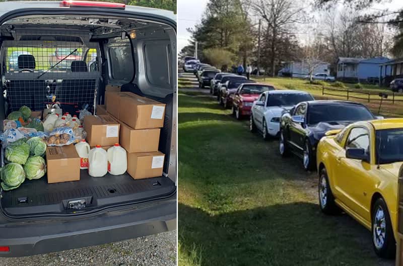 Ford Transit filled with groceries on left, Mustangs lined up to give away donations on right