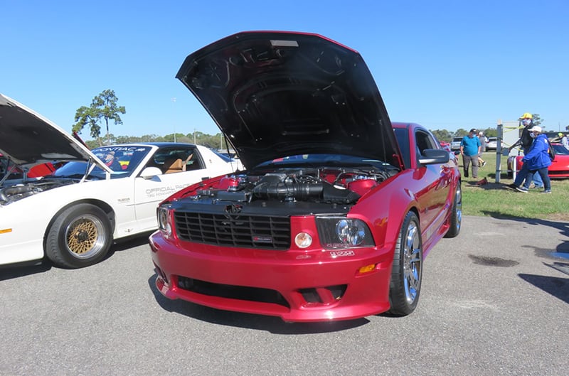 Red S197 Saleen Mustang with hood open