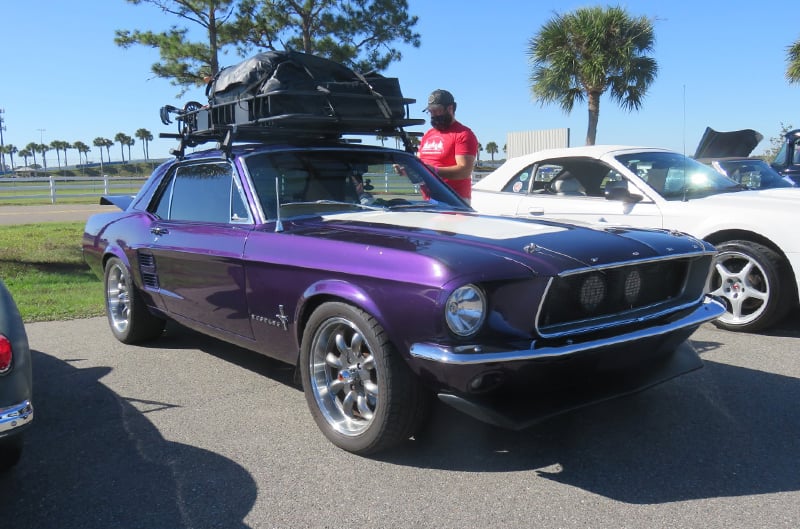 Purple 1966 Mustang with white stripes