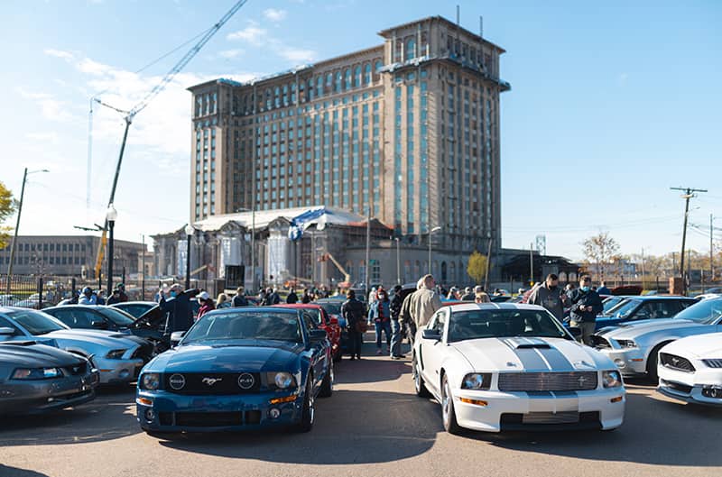 S197 Mustangs in car show in front of train station