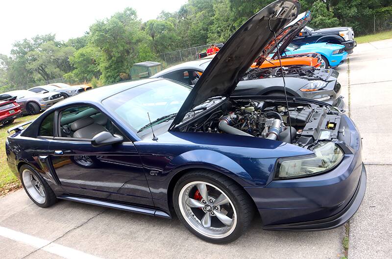 Newedge mustang in dark blue with hood open at show