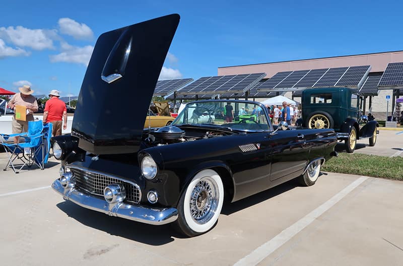 Black first generation Ford Thunderbird with hood open at car show