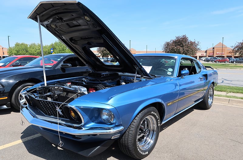 1968 Blue mustang with hood open