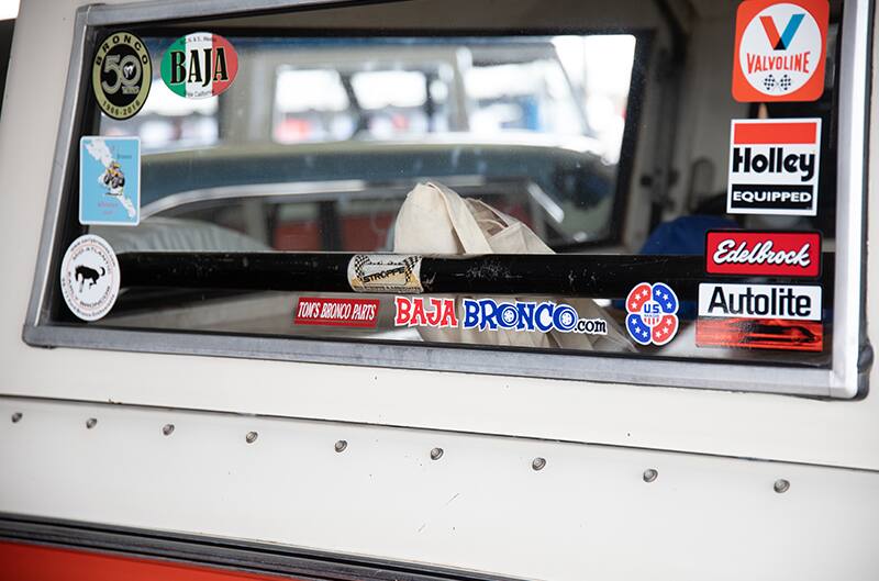 Decals on the back glass of Baja Bronco