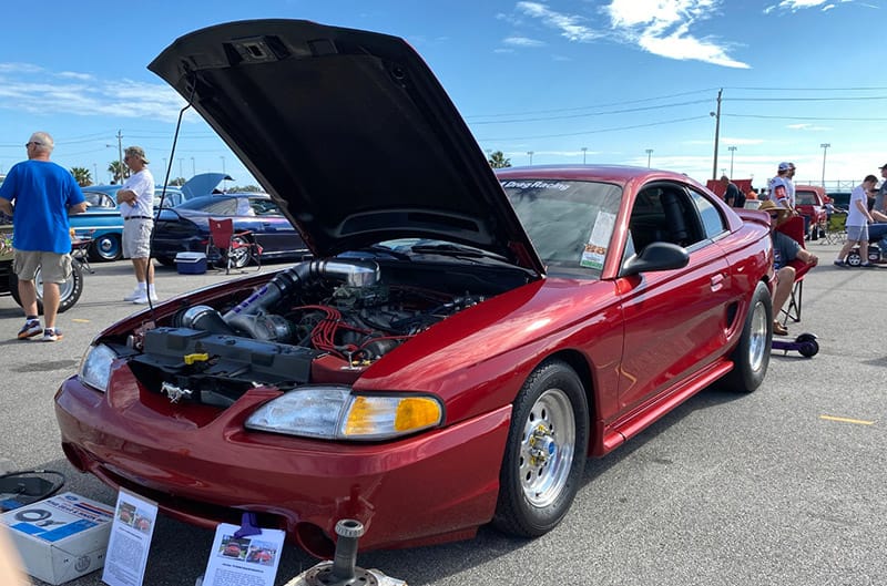 Sn95 Mustang drag car with hood open