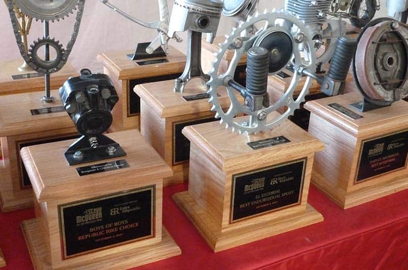 Trophies sitting on table