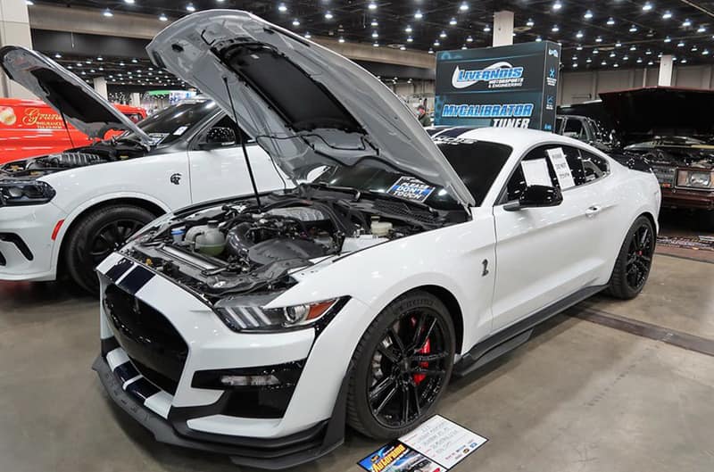 White and black Shelby GT500 with hood open