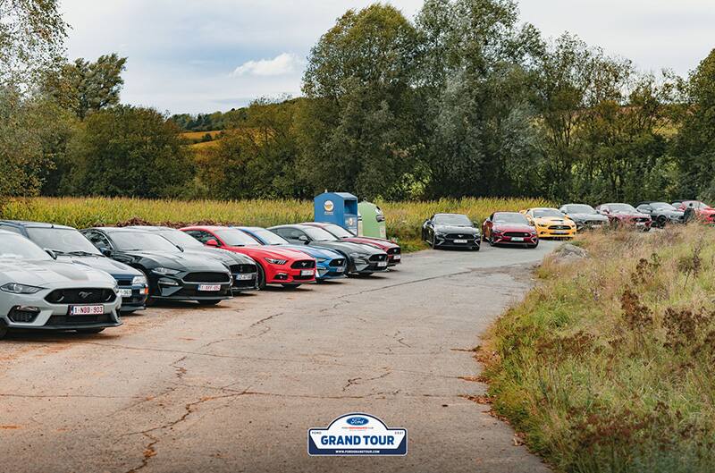 Ford mustangs parked along road