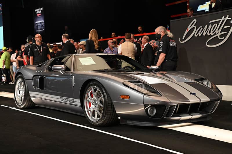 Grey Ford GT on stage at barrett Jackson