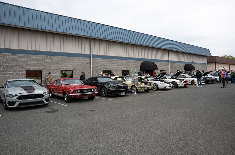 Mustangs parked outside at Museum