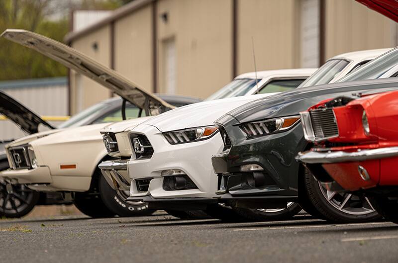 Mustangs of different vintages parked outside of museum