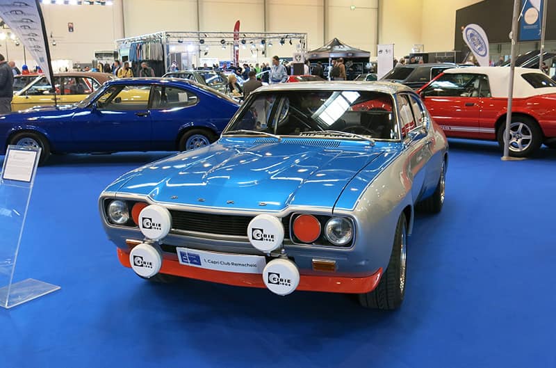 Ford rally racecar in blue and silver