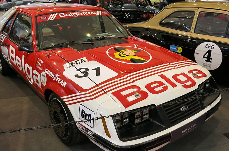 White and Red Belga Foxbody Mustang at show