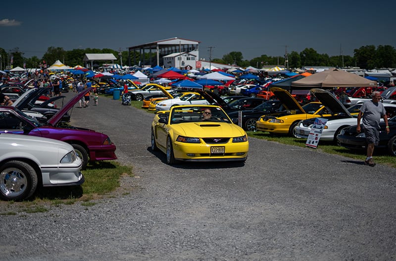 Yellow mustang driving in show field