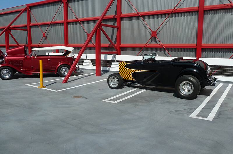 1930s ford on top of petersen parking garage