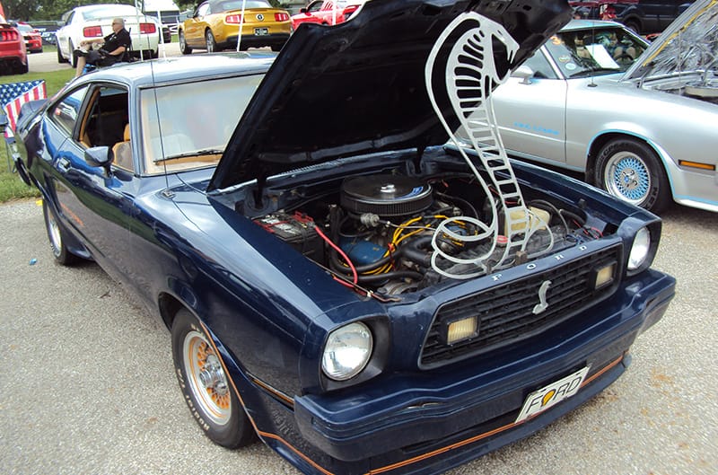 Mustang II Cobra with snake propping up hood
