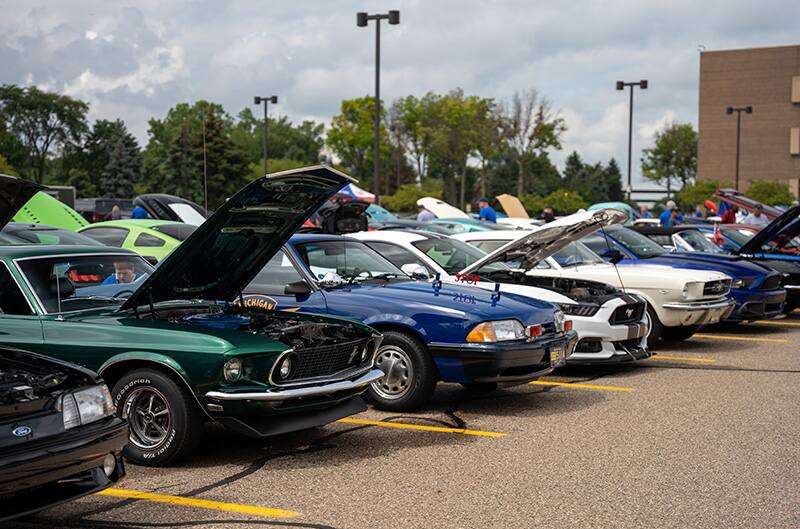 Mix of all generation Mustangs in parking lot