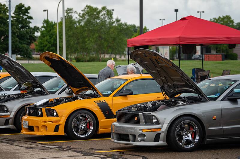 S197 Mustangs with hoods up in parking lot