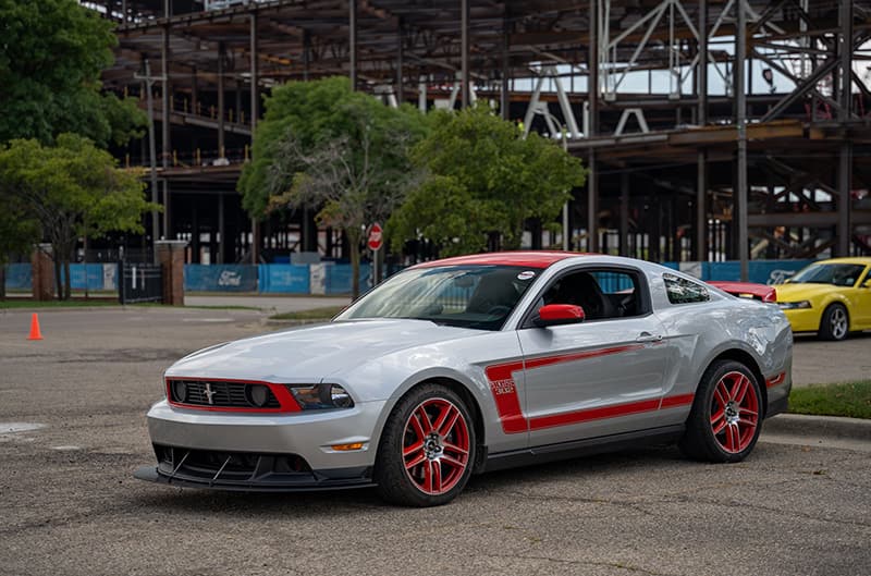 Silver Boss 302 Mustang with red stripes