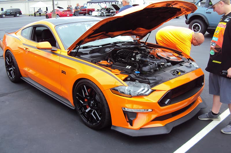 Orange Fury 2018 Mustang with hood open