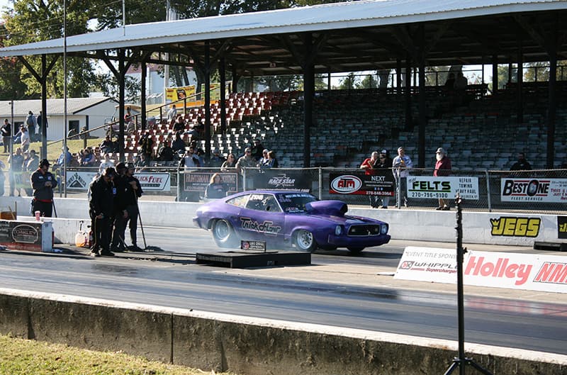 Mustang II burnout on dragstrip