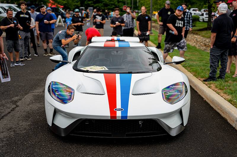 Ford GT in white with red and blue stripes