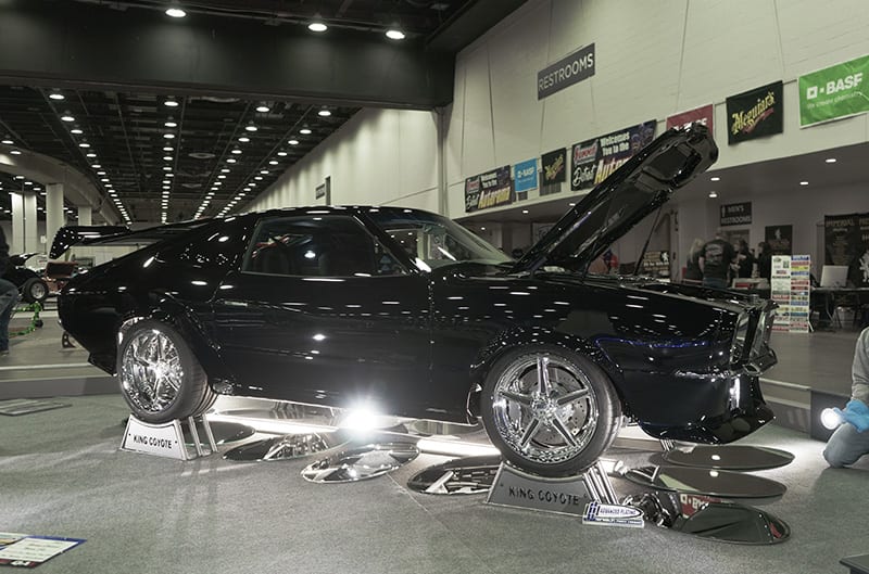 Mustang II on display with lights around