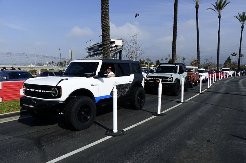 Ford Broncos lined up at entrance