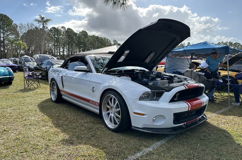 White GT500 Mustang with red stripes