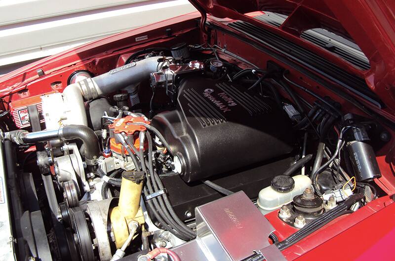 Engine bay of foxbody mustang