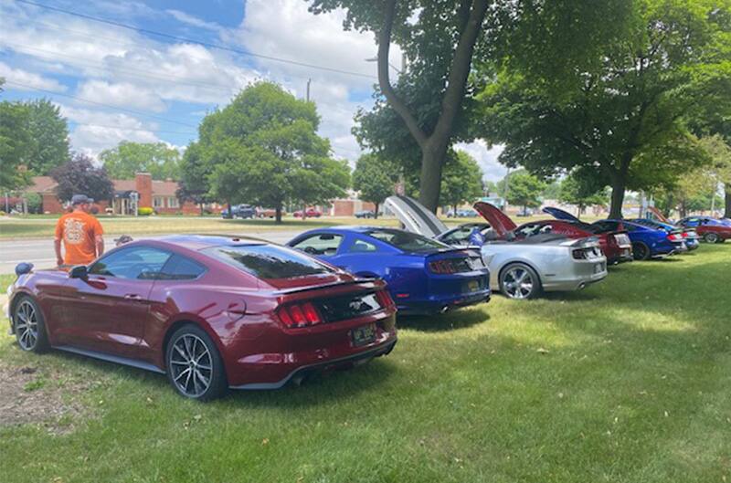 Rear end of Mustangs lined up at cruise