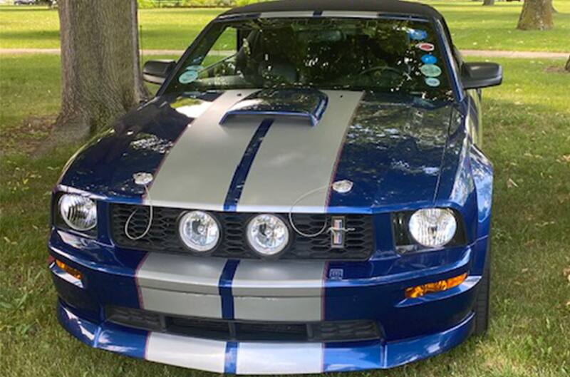 Blue S197 Mustang with Gray Stripes