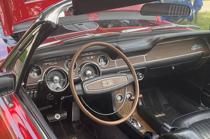 Interior of Ford with large steering wheel
