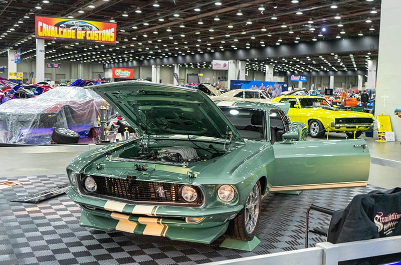Green Mustang on display