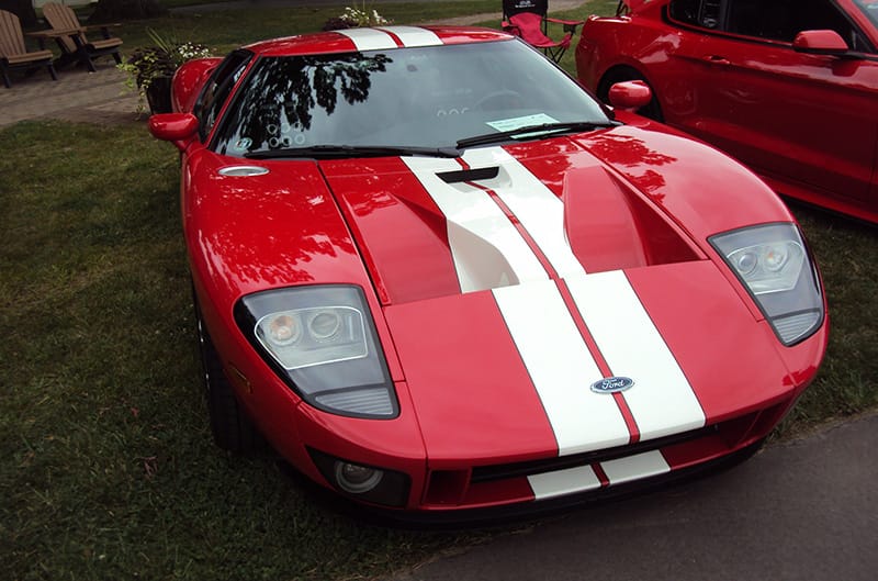 Second generation ford GT with white stripes and red paint