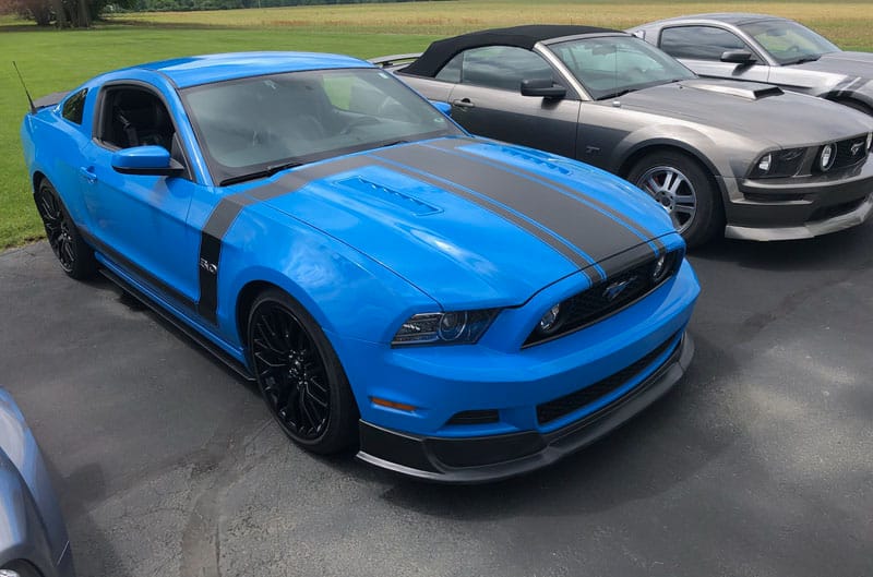 blue and grey mustangs in lot