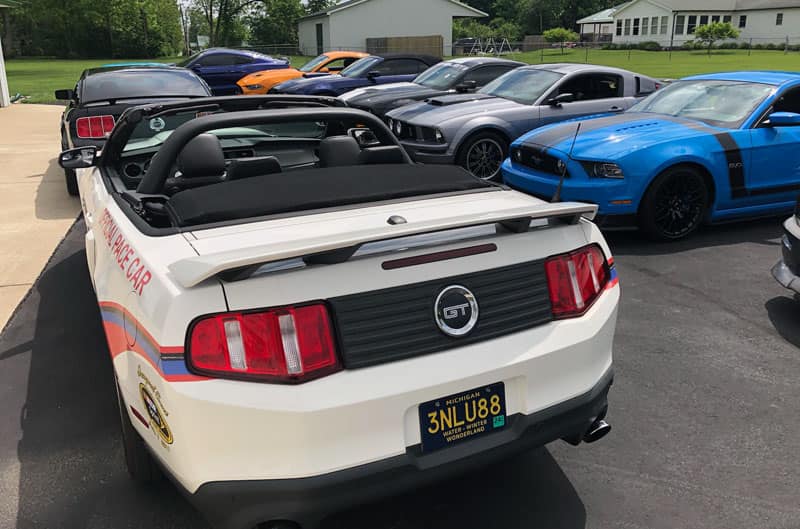 rear of white mustang with other mustangs in parking lot