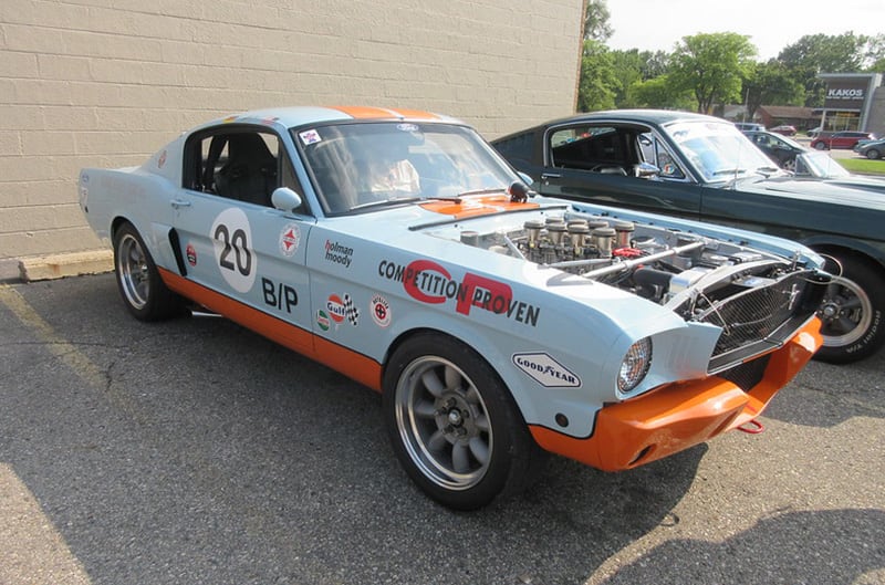 Gulf themed Mustang parked at hobby shop